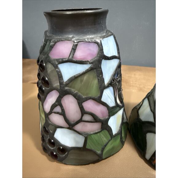 Set Of 3 Vintage Stained Glass Lamp Pendant Light Shade Blue Jay & Berries - Picture 11 of 16